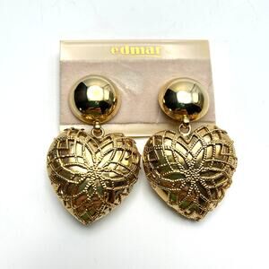 Vintage Gold Puffy Heart Filigree Overlay Clip Earrings 80s Statement Glam